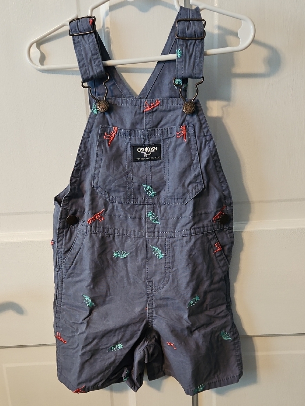 OshKosh B'gosh Navy Shortall Overalls with Red and Teal Dino Embroidery